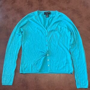 August Silk Knits Turquoise Blue Silk Blend V-Neck Button Front Cardigan Size M